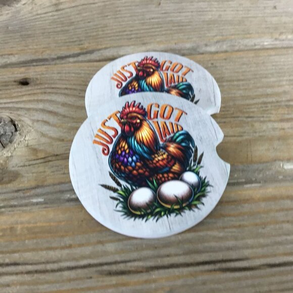 Just Got Laid Chicken and Eggs Set of 2 Funny Car Coasters - Picture 1 of 6